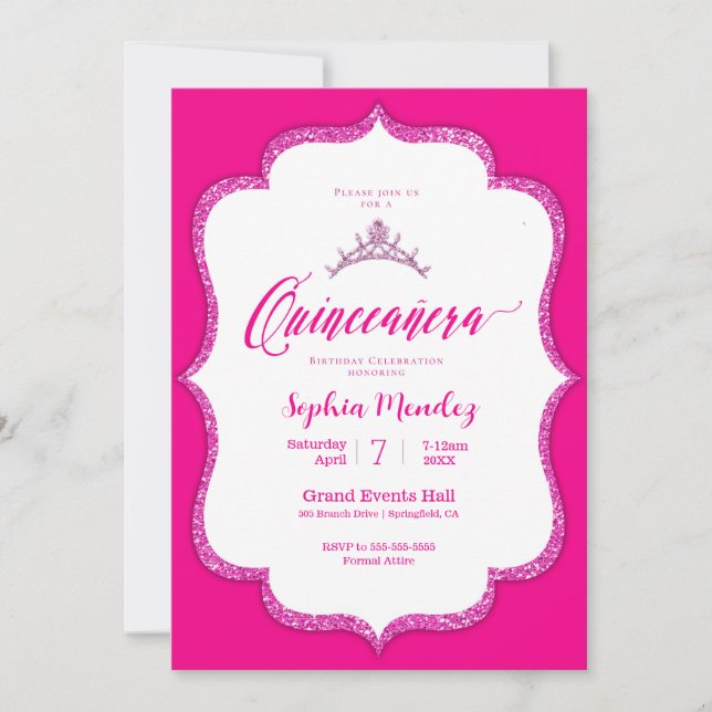 Warme Rosa und weiße Quinceanera Einladung (Vorderseite)