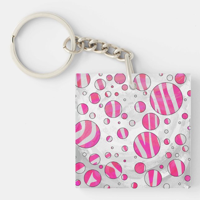 Warme rosa und weiße Zebra-Polka-Punkte Schlüsselanhänger (Vorderseite)