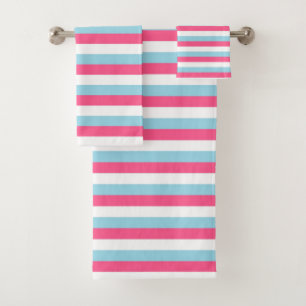 Warme rosa, weiße und pastellblaue Streifen Badhandtuch Set