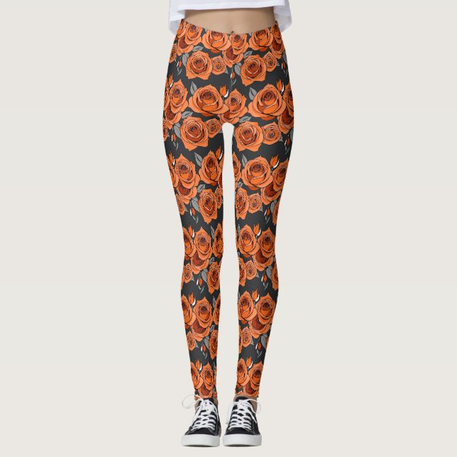 Warme rostorange Rosen Leggings (Vorderseite)