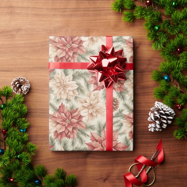 Warme Rot Grüne Weihnachtsblumen  Geschenkpapier (Feiertagsgeschenk)