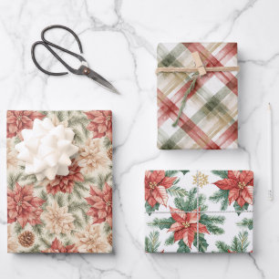 Warme Rot Grüne Weihnachtsblumen Streifen Geschenkpapier Set