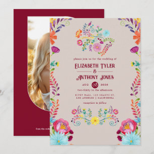 Warme Taupe/Burgunder Blumen Hochzeit Mexikanische Einladung