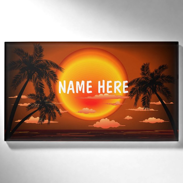 Warme topische Sonnenuntergänge und Palmen Namenschild (Vorderseite)