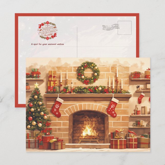 Warme Weihnachts-Kaminszene Postkarte (Vorne/Hinten)
