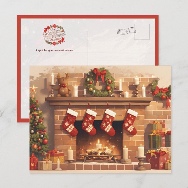 Warme Weihnachts-Kaminszene Postkarte (Vorne/Hinten)