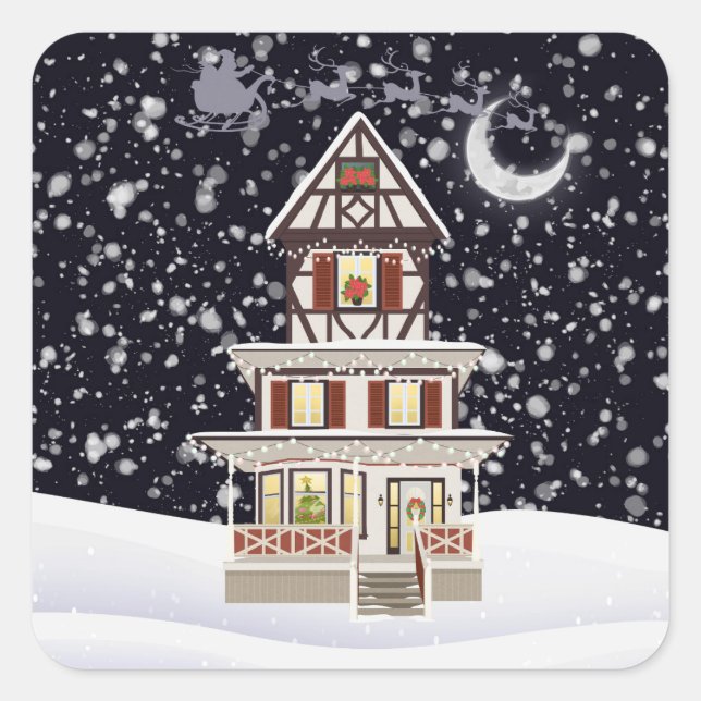 Warme Weihnachts-Zuhause in Silent Snowfall Quadratischer Aufkleber (Vorderseite)