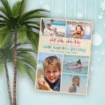 Warme Weihnachtsgrüße Flamingos Foto Collage Feiertagskarte<br><div class="desc">Flamingos Familienweihnachtskarte mit einem Platz für fünf Fotos, Haustiere, Eltern oder Ferien. Unter den beiden Fotovorlagen oben befindet sich eine Reihe von rosa Flamingos, die tropische Urlaubskränze tragen und unter winzigen blauen Seestern stehend sind. Aquamariner blauer Text lässt sich leicht mit Begrüßung und Unterschrift anpassen. Am Ende dieser Karte befinden...</div>
