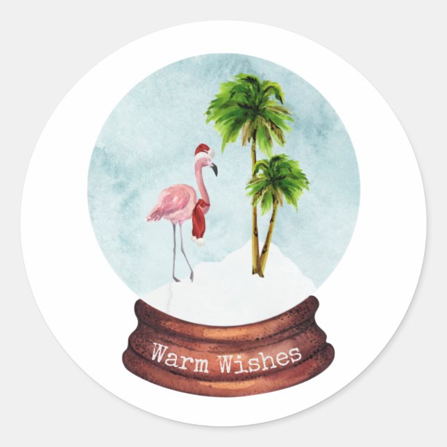 Warme Wishs Flamingo Palm Trees Snow Globe Runder Aufkleber (Vorderseite)