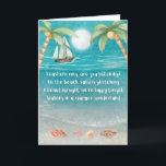 Warme Wonderland Tropical Beach Weihnachten<br><div class="desc">Die Weihnachtskarte zum Thema Tropical bietet einen sonnigen Strand mit Muscheln und glitzerndem Sand, Palmen und ein Schiff, das im Meer segelt. Die Texte sind zum Ton "Winter Wonderland", aber mit einer tropischen Drehung, die sagt: "Seashells Ring, hören Sie zu? — Am Strand glitzert Sand — Ein schöner Anblick, wir...</div>