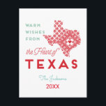 Warme Wünsche aus dem Herzen von Texas Postkarte<br><div class="desc">Moderne Urlaubssgrüße aus dem Herzen Texas rot,  Seeschaum und Weiß Design Postcard ideal zum Aufholen und Versenden von freundlichen Worten an Freunde und Familie während der Ferien und zeigen die Liebe für die Texas. Personalisieren Sie Ihren Familiennamen und das Jahr und teilen Sie mit Ihren Freunden für den Urlaub</div>