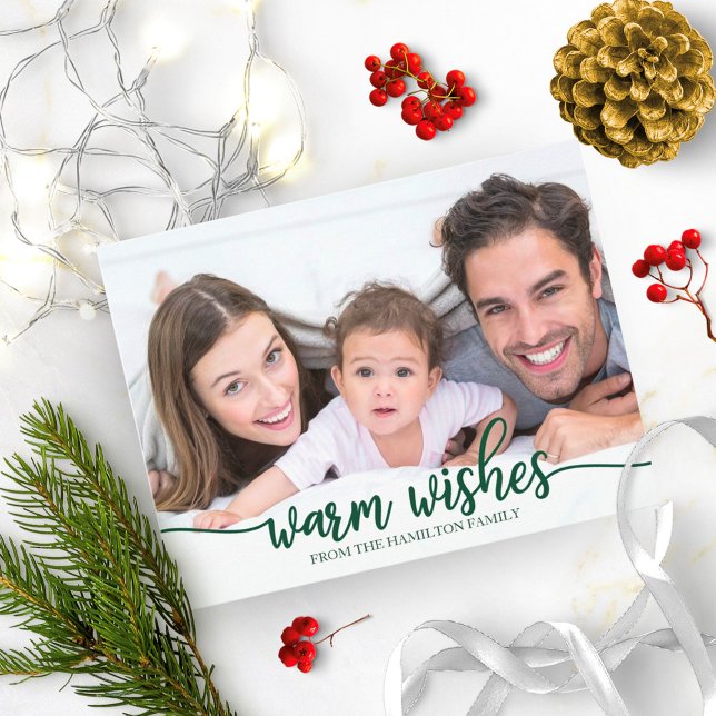 Warme Wünsche Chic Green Calligrafy Foto Weihnacht Postkarte (Von Creator hochgeladen)