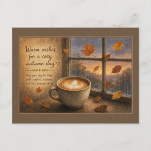 Warme Wünsche Herbst-Latte am Fenster Postkarte