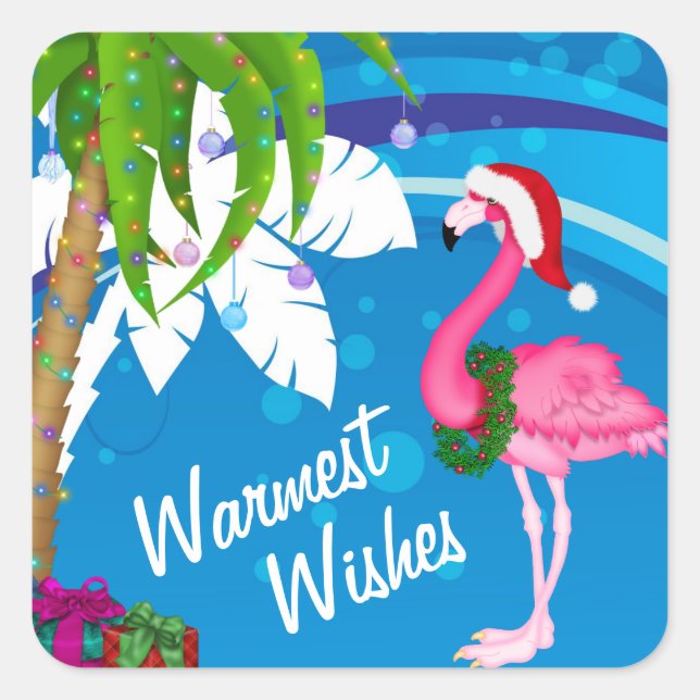 Warme Wünsche Palmen Bäume Flamingo Strand Weihnac Quadratischer Aufkleber (Vorderseite)