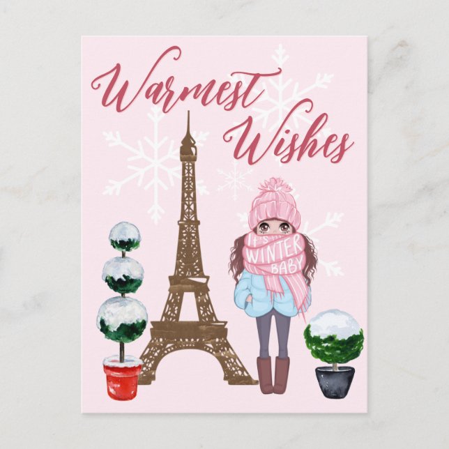 Warme Wünsche Paris Eiffel Tower Pink Weihnachten Postkarte (Vorderseite)