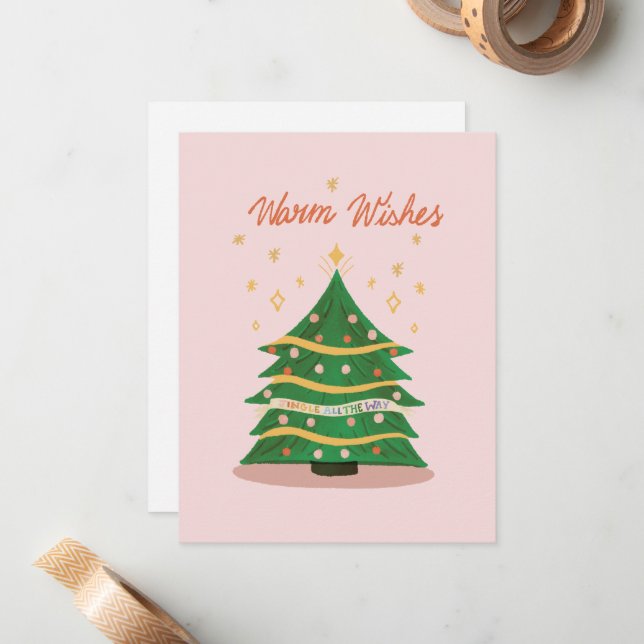 Warme Wünsche Pastel Pink Retro Weihnachtsbaum Hol Mitteilungskarte (Vorderseite/Rückseite Beispiel)
