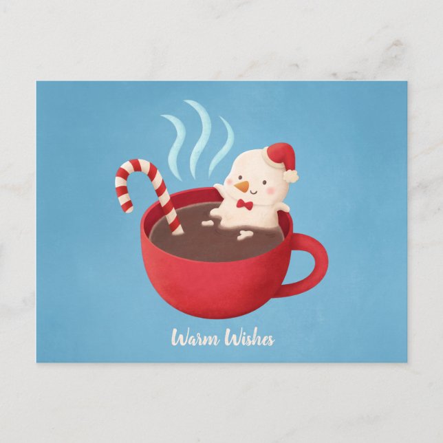 Warme Wünsche Schneemann im Kakao-Cup Pub Postkart Postkarte (Vorderseite)