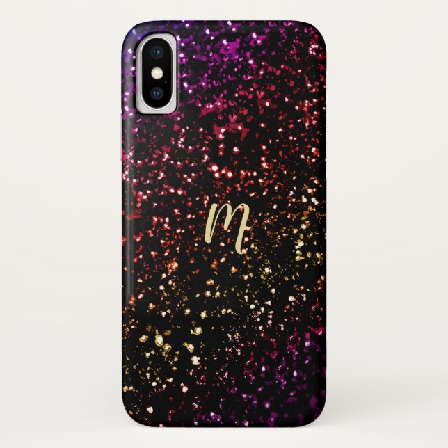 Wärmen Sie dunklen Regenbogen-Glitzer-Monogramm Case-Mate iPhone Hülle (Rückseite)