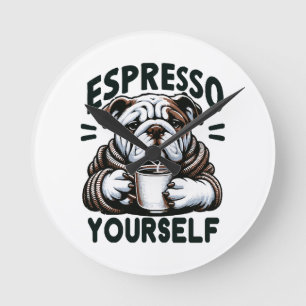 Warmer Espresso Bulldog - Gemütlicher Kaffee Runde Wanduhr