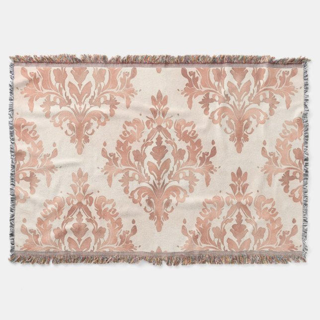 Warmer Pfirsich-Damask-Wasserfarben-Ornamentmuster Decke (Vorderseite)