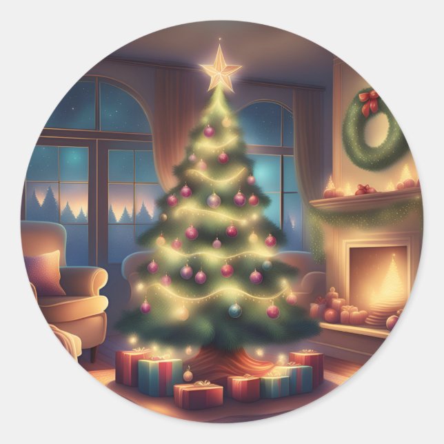 Warmer Weihnachtsbaum Runder Aufkleber (Vorderseite)