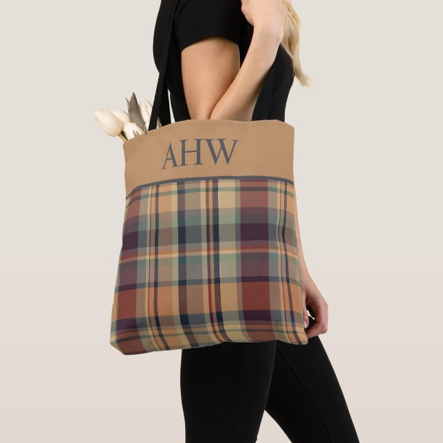 Warmes, braun und creme Kariertes Monogramm Tasche (Von Nahem)