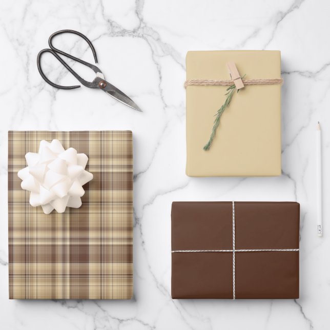 Warmes Brown Kariert Wrapping Paper Geschenkpapier Set (Vorderseite)