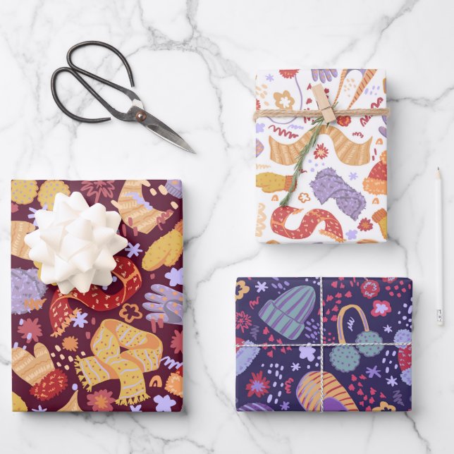 Warmes, gemütliches Set für Winterabbruch von 3 Geschenkpapier Set (Vorderseite)
