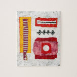 Warmes In Hier Jigsaw Puzzle - Abstrakte Kunst<br><div class="desc">Eine Vielzahl von Formen und Symbolen sind in einer abstrakten Komposition mit einem strukturierten Hintergrund angeordnet. Fett, warme Farben in Rot, Gelb und Orange dominieren das Kunstwerk, und es gibt einen bemerkenswerten Kontrast in Mustern und Symbolen wie Streifen und Pluszeichen in Schwarz und Weiß. Alles auf einem texturierten, chaotischen weißen...</div>