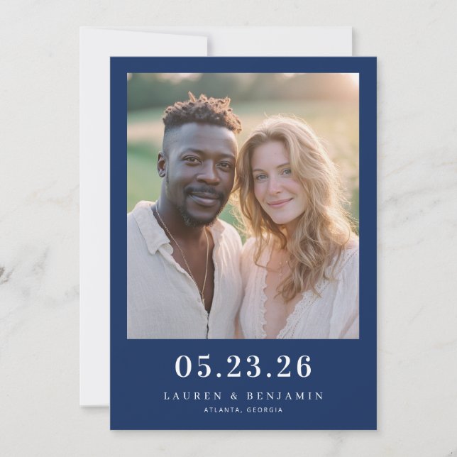 Warmes Navy-Minimalist-Foto Save The Date (Vorderseite)