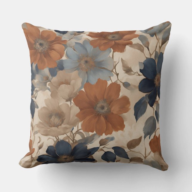 Warmes Orange Beige Navy Blue Fall Floral Kissen (Vorderseite)