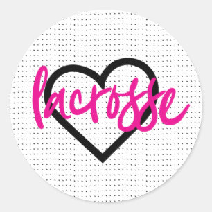 Warmes Rosa auf weißem Lacrosse Sticks & Herzmust Runder Aufkleber