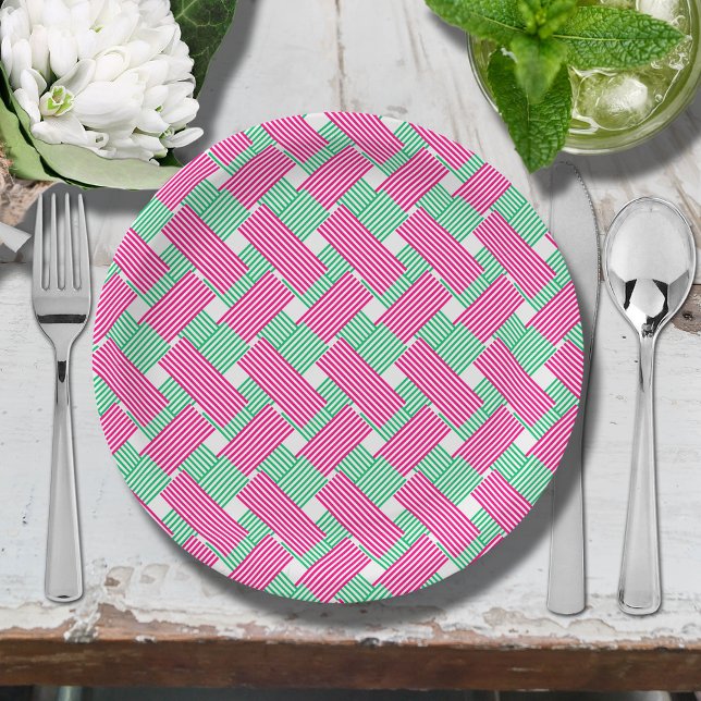 Warmes Rosa und grüne Streifen Pappteller (Hot pink and green diagonal stripes paper plates)