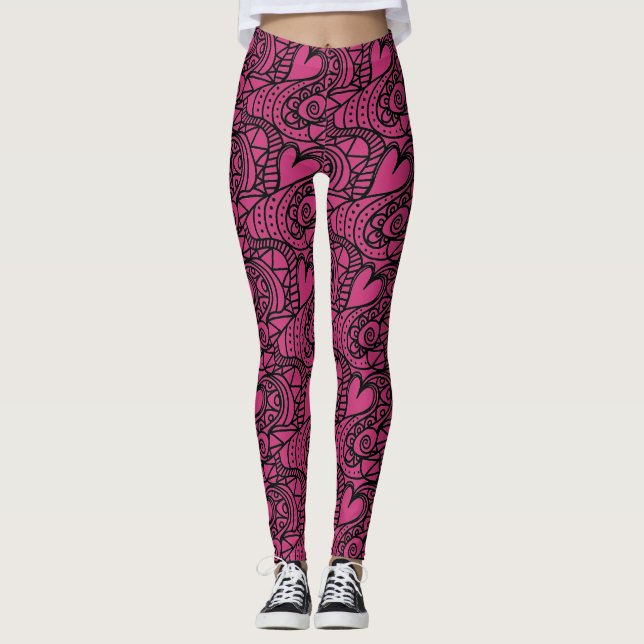 Warmes rosa und schwarzes Herzmuster Leggings (Vorderseite)