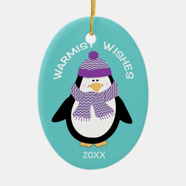 Warmist wünscht WeihnachtsPinguin im Blau Keramikornament (Vorne)