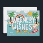 Warmste Wünsche Funny Surfen Santa and Beach Feiertagskarte<br><div class="desc">Der lustige Surfsanta wird von seinem schwimmenden Rentier aus Anzug in dieser lustigen,  strandbezogenen Urlaubskarte gezogen. Auch mit Ihren klassisch dekorierten Weihnachtspalmen und saisonalen Meereslebewesen.</div>