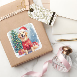 Warmwasser-Golden-Retriever-Weihnachtsbaum Quadratischer Aufkleber