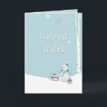 Warmwünschte Snowman-Schlitten-Geschenke Personali Karte<br><div class="desc">Herzlich Willkommen in der Urlaubskarte mit individualisierbarem Text und einem warmen Schneemann neben einer Schlitte im Schnee.</div>