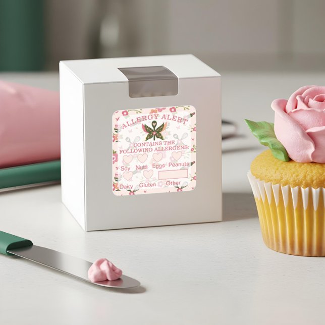 Warnbäckerei Butterfly Spoon für Lebensmittelsiche Quadratischer Aufkleber (Food Safety Allergy Alert Bakery Butterfly Spoon Square Sticker)