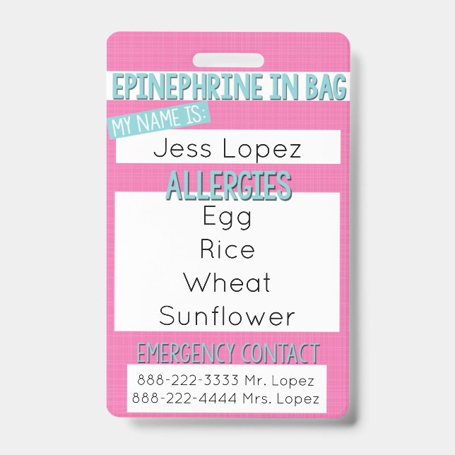 Warnhinweis für Kinder bei Lebensmittelallergie -  Ausweis (Vorderseite)