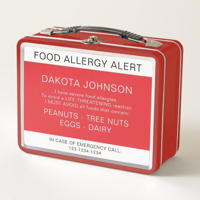 Warnhinweis für Red Food Allergie Metall Brotdose (Vorderseite)