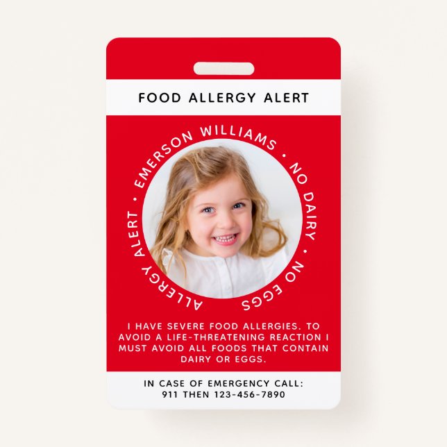 Warnhinweis für Red Food Allergy Foto Ausweis (Vorderseite)