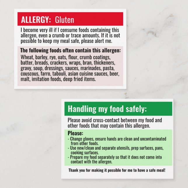 Warnkarte für Allergiker im Restaurant Visitenkarte (Vorne/Hinten)