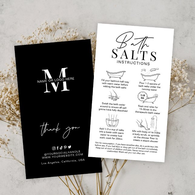 Warnung und Anleitungen für Minimalistische Logoko Visitenkarte (Minimalist bath salts care cards in black and white, featuring care icons and space for your logo)