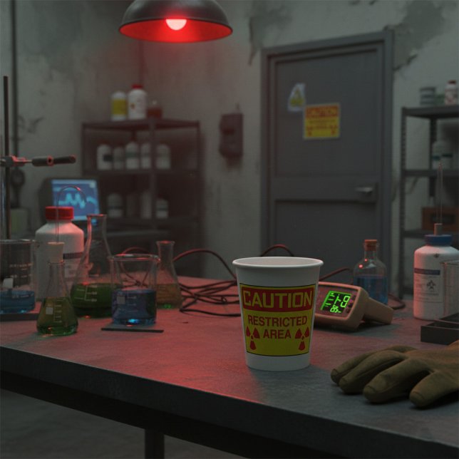 Warnung vor Strahlenbelastung in einem beschränkte Pappbecher (Von Creator hochgeladen)