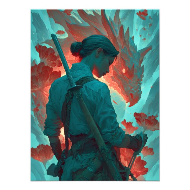 Warrior and Dragon Fantasy Art Fotodruck (Vorne)