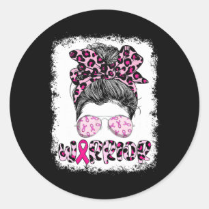 Warrior Messy Bun Leopard Brustkrebs Bewusstsein Runder Aufkleber