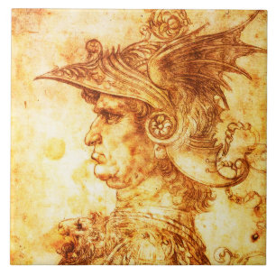 WARRIOR PROFILE IN DRAGON HELMET Sepia Zeichnend Fliese