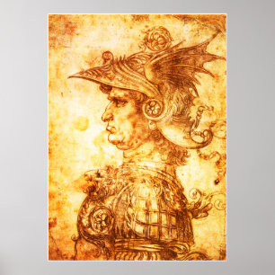 WARRIOR PROFILE IN DRAGON HELMET Sepia Zeichnend Poster