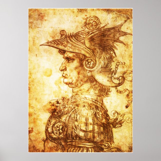 WARRIOR PROFILE IN DRAGON HELMET Sepia Zeichnend Poster (Vorne)